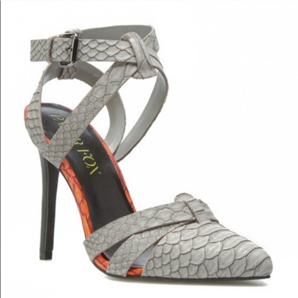 NWOT Paper Fox Grey Orange Snakeskin Pointy Toe Ankle Strap Heels Shoedazzle
